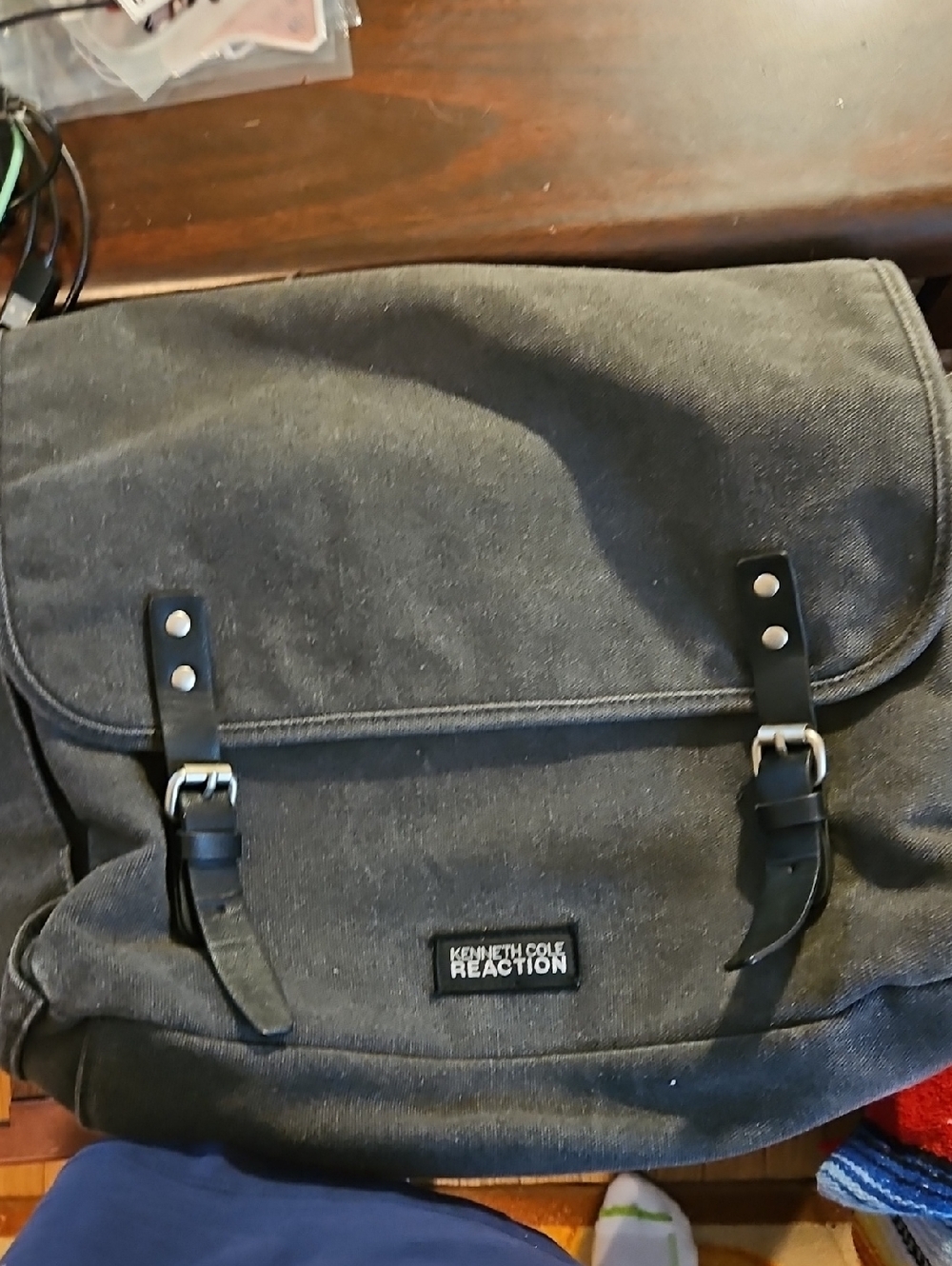 Kenneth Cole Reaction Black Canvas Messenger Bag with Buckle Straps